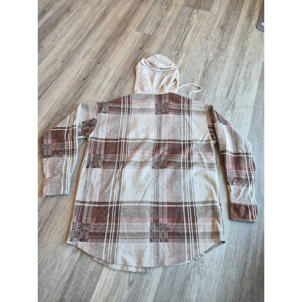 Reborn J Womens Plaid Hooded Shacket Brown Cream Button Front T14159-CK82 Small - Picture 6 of 6